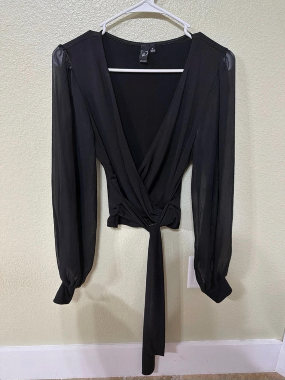 Windsor Black Sheer Long-Sleeve Wrap Tie Blouse